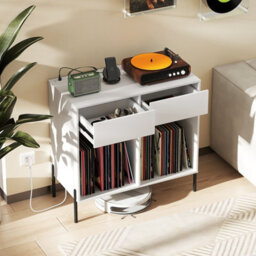 Costway Record Player Stand Double Wide Turntable Stand W/ Power Outlets-White - thumbnail 3