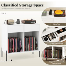 Costway Record Player Stand Double Wide Turntable Stand W/ Power Outlets-White - thumbnail 6