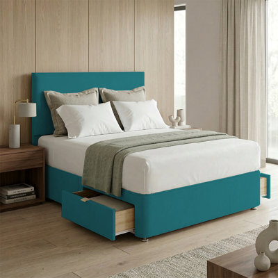 "Adore Designs Victoria Plush Velvet Divan Bed, 50"" Headboard & Mattress - 5Ft Kingsize - Mallard - 2 Drawers Same Side" - image 1