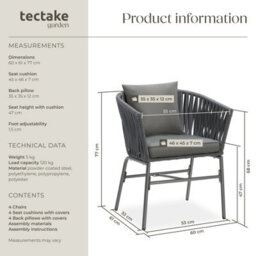 Tectake Accent Chair Valeiras - Woven Rope Design, Thick Cushions, 60 X 61 X 77Cm - Dark Grey/dark Grey - Set Of 4 - thumbnail 6