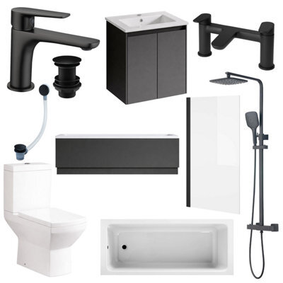 Plum&clay Complete Bathroom Suite Black Taps 500mm Grey Wall Hung Vanity Unit Bath Shower Screen Toilet Waste - image 1