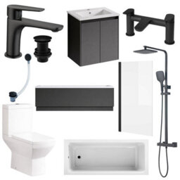Plum&clay Complete Bathroom Suite Black Taps 500mm Grey Wall Hung Vanity Unit Bath Shower Screen Toilet Waste - thumbnail 1