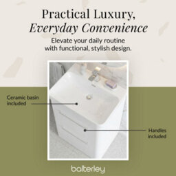 Balterley Croxden 600mm Wall Hung 2 Drawer Vanity Unit With Ceramic Basin - Pure White - thumbnail 7