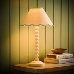 Valuelights Bobbin Green Trim Linen Shade Cream Bobble Table Lamp With Bulb