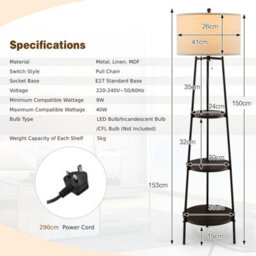 Costway Modern Floor Lamp Corner Standing Lamp Tall Bookshelf Light With 3-Tier Shelves - thumbnail 2