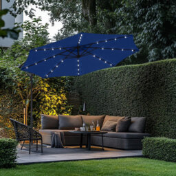 Rinse Bathrooms Blue Garden Banana Parasol Hanging Cantilever Umbrella Sun Shade With Crank Handle 3M & Solar Powered Lights