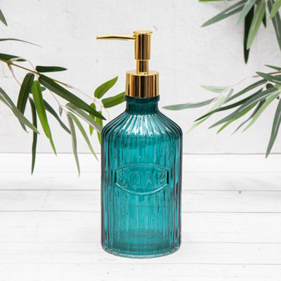 Annibells Pink Green Orange Blue Vintage Ribbed Glass Refillable Soap Dispensers (11879) - Blue - image 1