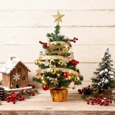 Living And Home Miniature Gold Ribbon Christmas Tree With String Lights, Desktop Decoration Set, 31.5Cm X 61Cm - image 1