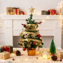 Living And Home Miniature Gold Ribbon Christmas Tree With String Lights, Desktop Decoration Set, 31.5Cm X 61Cm - thumbnail 3