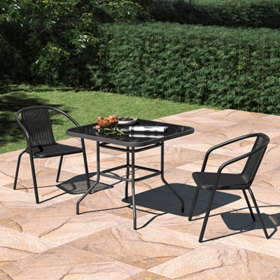 Living And Home Set Of 3 Black 2 Seater Garden Dining Set Patio Square Coffee Table And Stackable Chairs Set Outdoor With Umbrella Hole - image 1