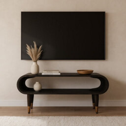 Artisan Furniture Solid Wood Curved Edge Media With Brass Accents, Nordic Legs, Dark Brown
