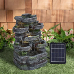 Solar Powered Rockey Stone Garden Water Feature Fountain With Led Lights Outdoor - thumbnail 1