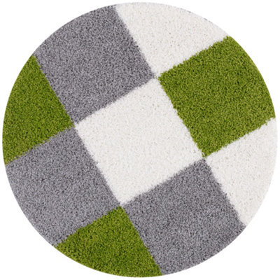 The Rugs Green Grey And Ivory Soft Checkerboard Design Fluffy Shaggy Rugs And Runners High Pile Living Room Kitchen Hallway 381 - image 1