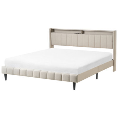Beliani Bed With Led Fabric Beaulieu 180 X 200 Cm (Eu Super King) With Usb Port With Storage Beige - image 1