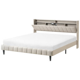 Beliani Bed With Led Fabric Beaulieu 180 X 200 Cm (Eu Super King) With Usb Port With Storage Beige - thumbnail 4