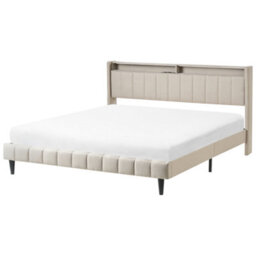 Beliani Bed With Led Fabric Beaulieu 180 X 200 Cm (Eu Super King) With Usb Port With Storage Beige - thumbnail 1