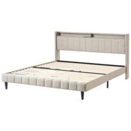 Beliani Bed With Led Fabric Beaulieu 180 X 200 Cm (Eu Super King) With Usb Port With Storage Beige - thumbnail 7