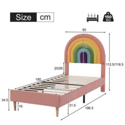 Modernluxe 3Ft Single Bed, Upholstered Bed 90 X 190, Youth Bed, Wooden Slat Support, Height-Adjustable Headboard, Velvet, Pink - thumbnail 4