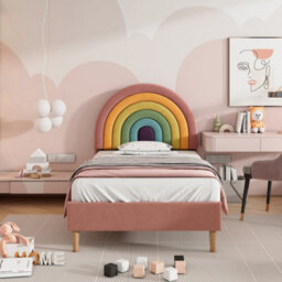 Modernluxe 3Ft Single Bed, Upholstered Bed 90 X 190, Youth Bed, Wooden Slat Support, Height-Adjustable Headboard, Velvet, Pink - thumbnail 2