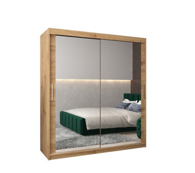 Arte Tokyo 03 Contemporary Mirrored 2 Sliding Door Wardrobe 9 Shelves 2 Rails Oak Artisan Effect (H)2000mm (W)1800mm (D)620mm - image 1