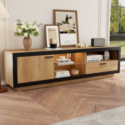 "Btm Tv Stand Cabinet With Drawer, Door And 3 Open Shelves, Led Lighting, 160X40X50 Cm, Wood Or Black, For 70"" Tv"