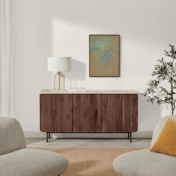 Furniturebox Uk Penrose Walnut And Cream Marble Effect 3 Door Large Sideboard - thumbnail 3