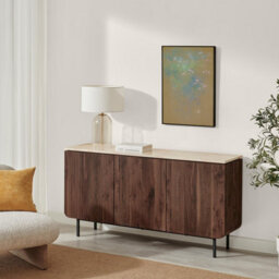 Furniturebox Uk Penrose Walnut And Cream Marble Effect 3 Door Large Sideboard - thumbnail 2
