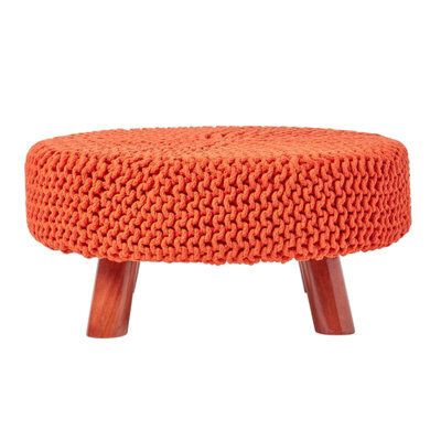 Homescapes Burnt Orange Large Round Cotton Knitted Footstool On Legs - image 1