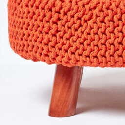 Homescapes Burnt Orange Large Round Cotton Knitted Footstool On Legs - thumbnail 4