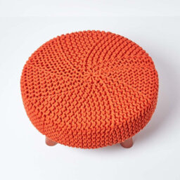 Homescapes Burnt Orange Large Round Cotton Knitted Footstool On Legs - thumbnail 3