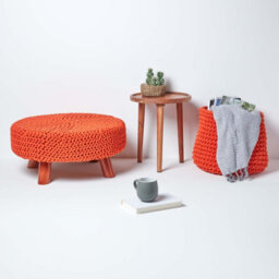 Homescapes Burnt Orange Large Round Cotton Knitted Footstool On Legs - thumbnail 6