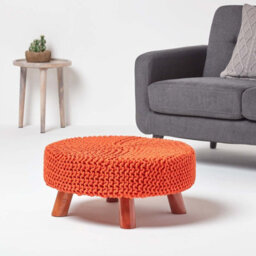 Homescapes Burnt Orange Large Round Cotton Knitted Footstool On Legs - thumbnail 2
