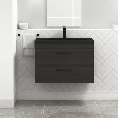 Royal Bathrooms Turin 800mm Wall Hung Vanity Unit 2 Drawer Hale Black With Black Basin & Handles - image 1