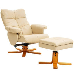 Recliner Chair And Footstool Pu Leather Wooden Base, Beige - thumbnail 1