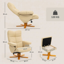 Recliner Chair And Footstool Pu Leather Wooden Base, Beige - thumbnail 2