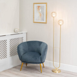 Valuelights Chessy Gold Metal Bar 2 Way Dual Floor Lamp With Amber Ribbed Glass Globe Shades - Led Bulbs Included
