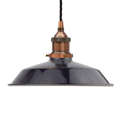 Navy Blue Small Trinity Metal Painted Dome Pendant Light With Antique Copper Lamp Holder And Black Twisted Cable - Se Home - image 1