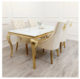Stratus Interiors Gold Louis Dining Table With Gold Long Metal Legs - Doorstep Delivery Only No Assembly - 1.4 Mt - Grey Glass - thumbnail 5
