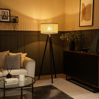 Valuelights Barbro Black Tripod Floor Lamp With Cane Shade And Bulb - image 1
