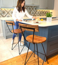 Kitchen Breakfast Bar Stool Wood & Metal With Backrest - Solid Mango Wood Kitchen Stool Industrial Style - 65Cm Seat Height - thumbnail 2
