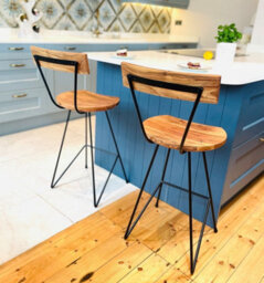 Kitchen Breakfast Bar Stool Wood & Metal With Backrest - Solid Mango Wood Kitchen Stool Industrial Style - 65Cm Seat Height - thumbnail 1