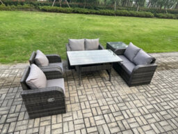 Fimous Rattan Outdoor Furniture Garden Dining Set Rectangular Table And Chair Sofa Set With Side Table Dark Grey Mixed - thumbnail 2