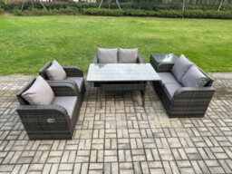 Fimous Rattan Outdoor Furniture Garden Dining Set Rectangular Table And Chair Sofa Set With Side Table Dark Grey Mixed - thumbnail 1