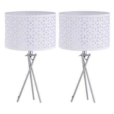 First Choice Lighting Set Of 2 Chrome Tripod Table Lamps With White Laser Cut Shades - image 1
