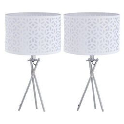 First Choice Lighting Set Of 2 Chrome Tripod Table Lamps With White Laser Cut Shades - thumbnail 1