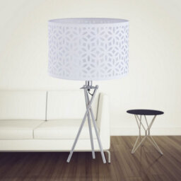 First Choice Lighting Set Of 2 Chrome Tripod Table Lamps With White Laser Cut Shades - thumbnail 3