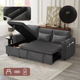 Abrihome 3 In 1 Convertible Corduroy Sofa Bed With Storage Chaise, L Shaped Sleeper Sofa Couches With Charging Station, Grey - thumbnail 5