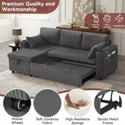 Abrihome 3 In 1 Convertible Corduroy Sofa Bed With Storage Chaise, L Shaped Sleeper Sofa Couches With Charging Station, Grey - thumbnail 2