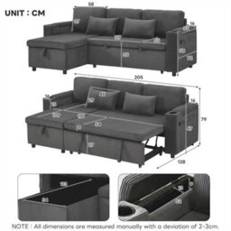 Abrihome 3 In 1 Convertible Corduroy Sofa Bed With Storage Chaise, L Shaped Sleeper Sofa Couches With Charging Station, Grey - thumbnail 7