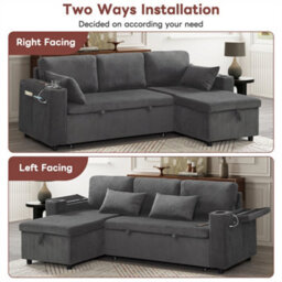 Abrihome 3 In 1 Convertible Corduroy Sofa Bed With Storage Chaise, L Shaped Sleeper Sofa Couches With Charging Station, Grey - thumbnail 6